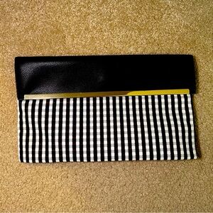 Ann Taylor Black and White Gingham Print Clutch Black Leather Gold Trim